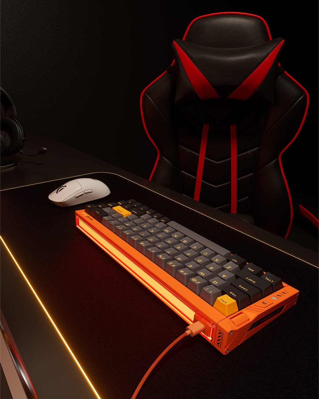 MCHOSE Ace 68 Turbo keyboard on an orange-themed gaming desk setup with ambient lighting and a gaming mouse.