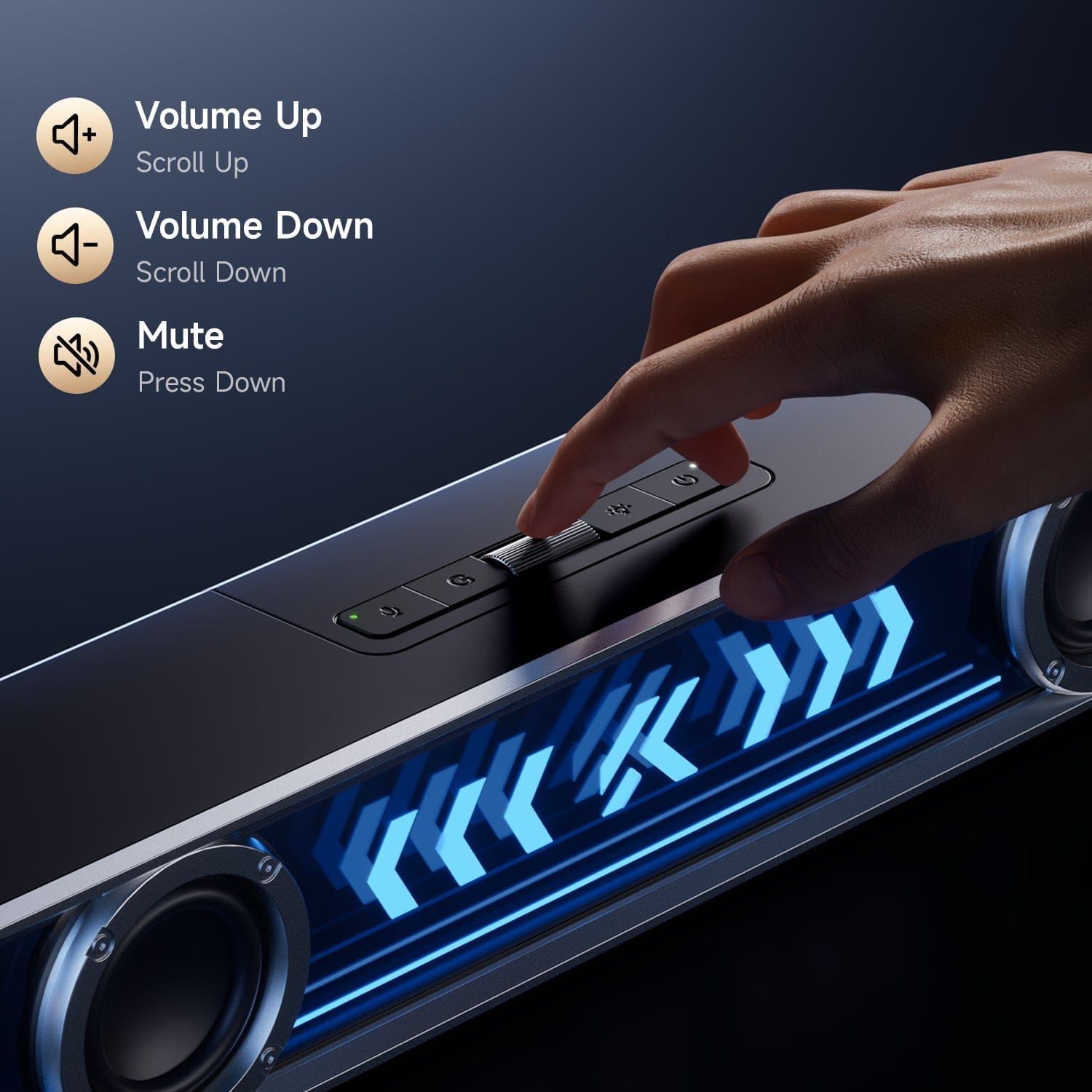 One-knob_volume_control_on_K20_Pro_gaming_soundbar_for_easy_volume_adjustment_and_instant_mute
